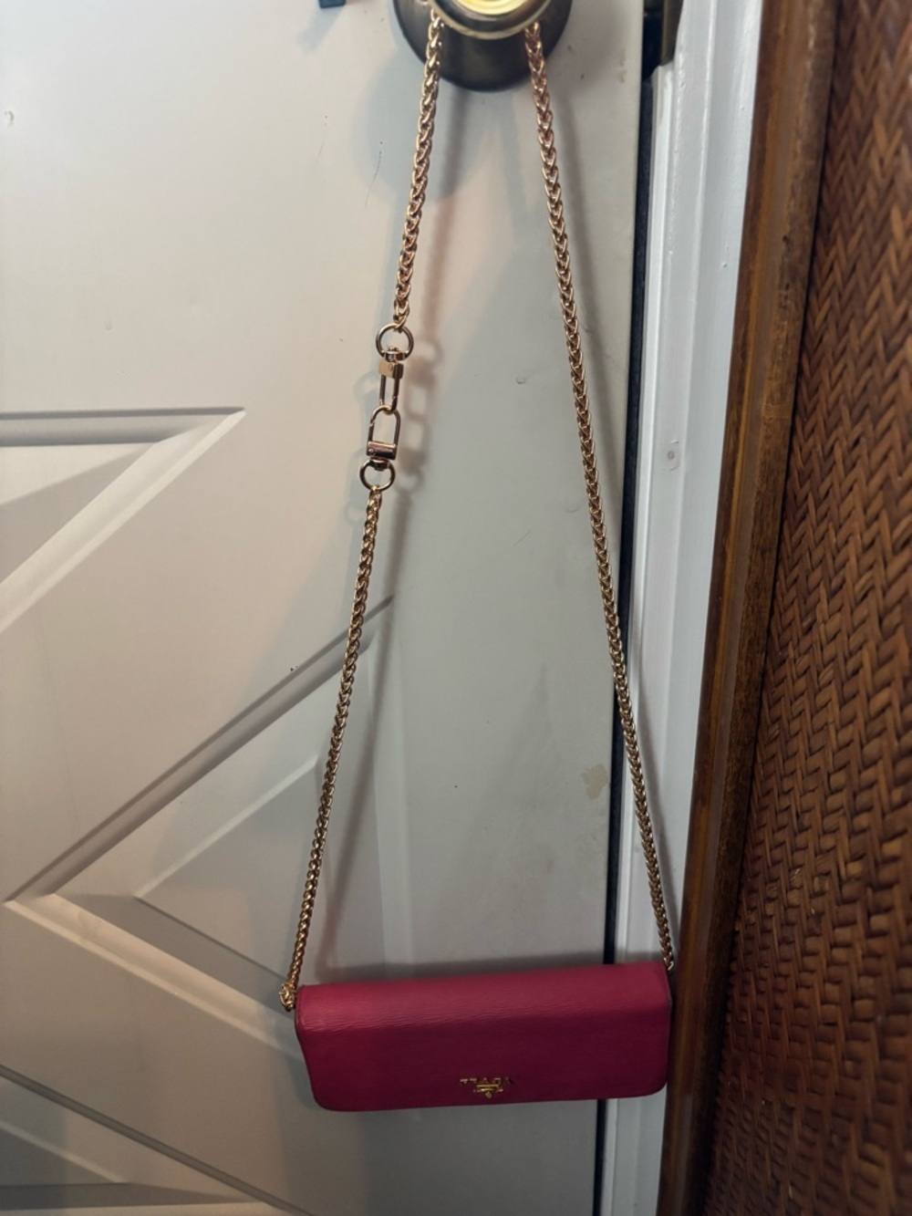 AuthenticWOC-Prada Pink Saffiano Leather Long Bifold Wallet Removable Gold Chain - Picture 3 of 11
